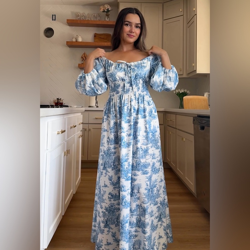 Elegant Blue and White Smocked Dress